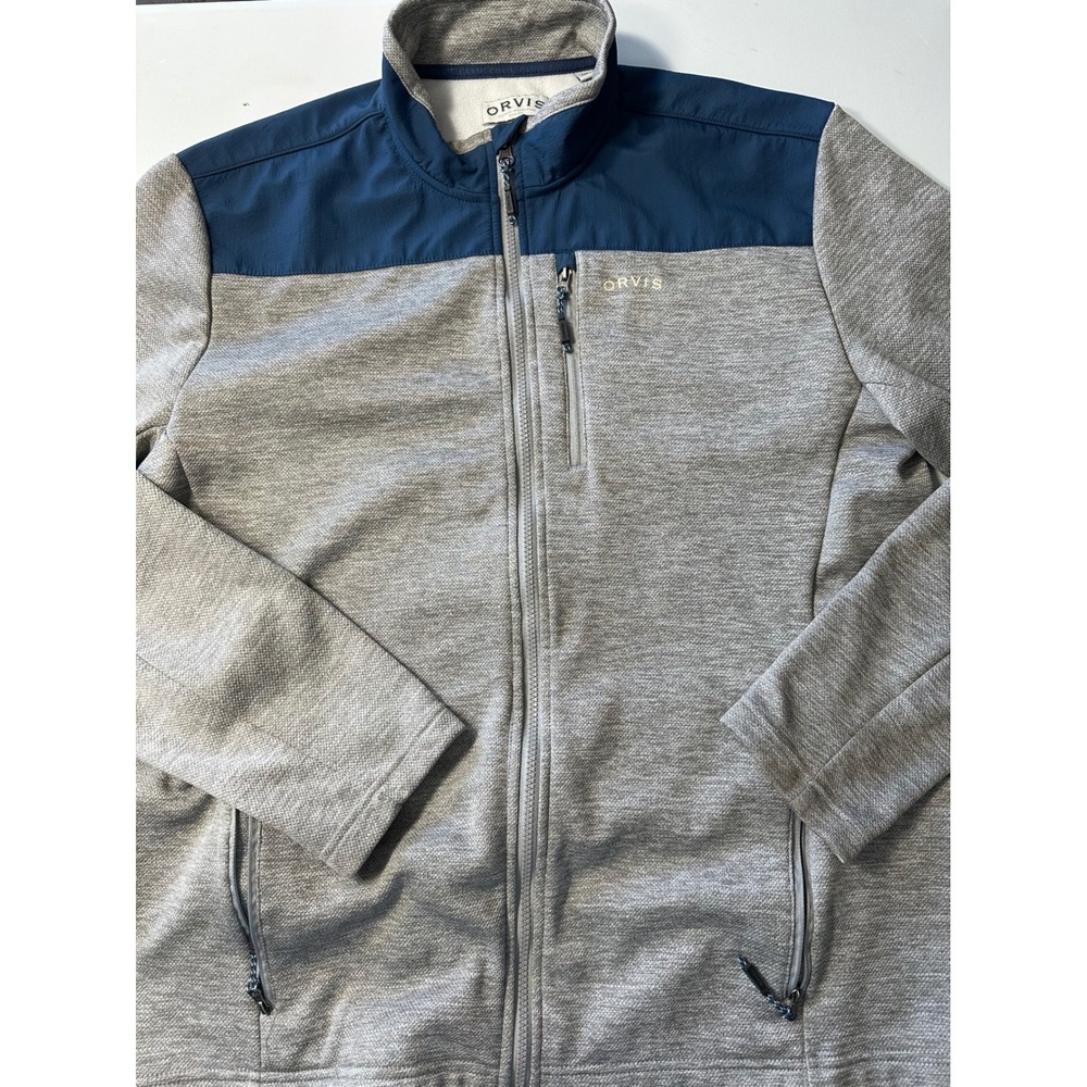 Orvis Mens Classic Collection Full Zip Jacket Grey Navy Blue Textured Knit Large